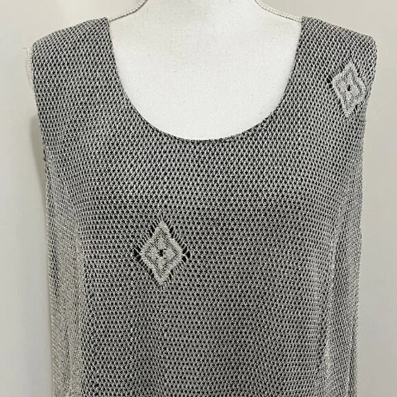 Onyx Nite Vintage Wendye Chaitin Silver Metallic Mesh Fringe Midi Dress & Duster - Picture 4 of 11